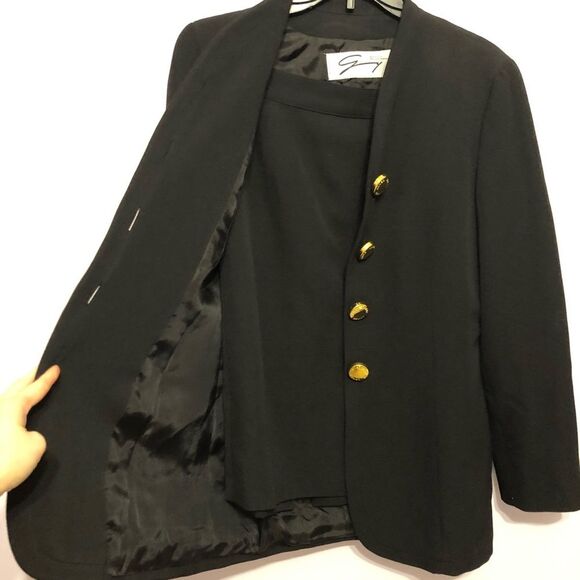VINTAGE 80s Genny Black Blazer Skirt Suit Set Sz 6 2piece Monochrome Office CEO - Picture 6 of 15